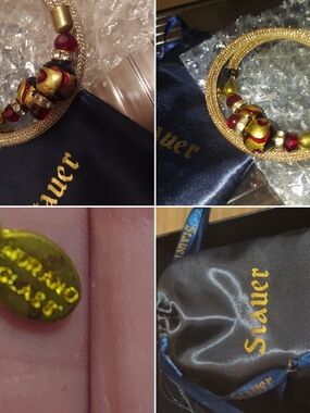 Vintage Stauer Gold Mesh Bracelet with Red and Gold Murano Glass Beads